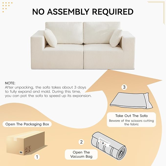 83'' Boneless Loveseat Sofa, Comfy Deep Seat Sectional Cloud Couch, No Assembly Corduroy Love Seat for Living Room, Beige