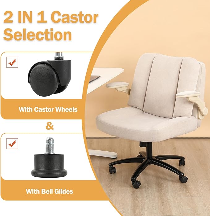 Pipersong Criss Cross Chair with Arms, Plus Size Cross Legged Desk Chair with Flexible Back Cushion, Adjustable Arm Rest, Extra Wide Seat, 350lbs Fabric Home Office Chair with Castors and Bell Glides