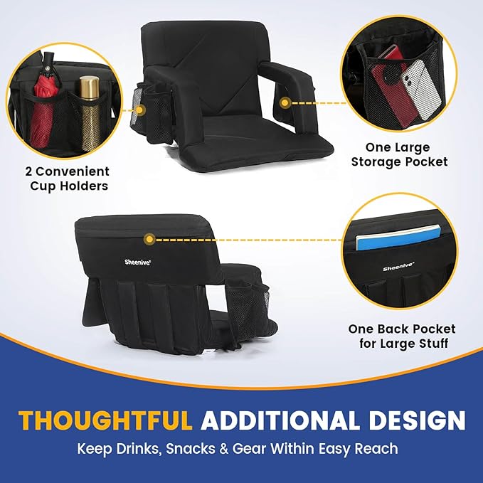 Sheenive Stadium Seat with Back Support Padded Bleacher Chairs with Back and Cushion, Portable Folding Bleacher Seat with Armrest, 6 Reclining Positions, Large Stadium Seat with Cup Holders & Pockets
