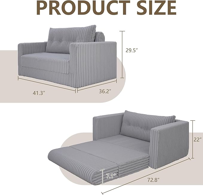 HABUTWAY Folding Sofa Bed, 2 in 1 Convertible Sleeper Chair with Pillow, Portable Fold Out Chair Bed with Armrest, Comfy Floor Couch, Lazy Sofa for Living Room Bedroom Dorm Home Office, Light Grey