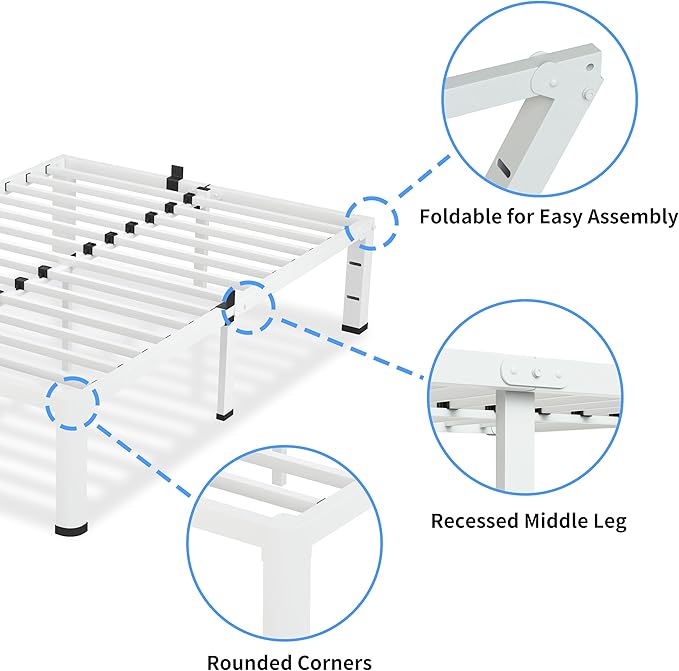 VIPSHOW 20 Inch King Size White Bed Frame, 3500Lbs Heavy Duty Metal Platform with Round Corner Legs Mattress Slide Stopper, Steel Slat Support No Box Spring Needed, Noise Free, Non-Slip, Easy Assembly