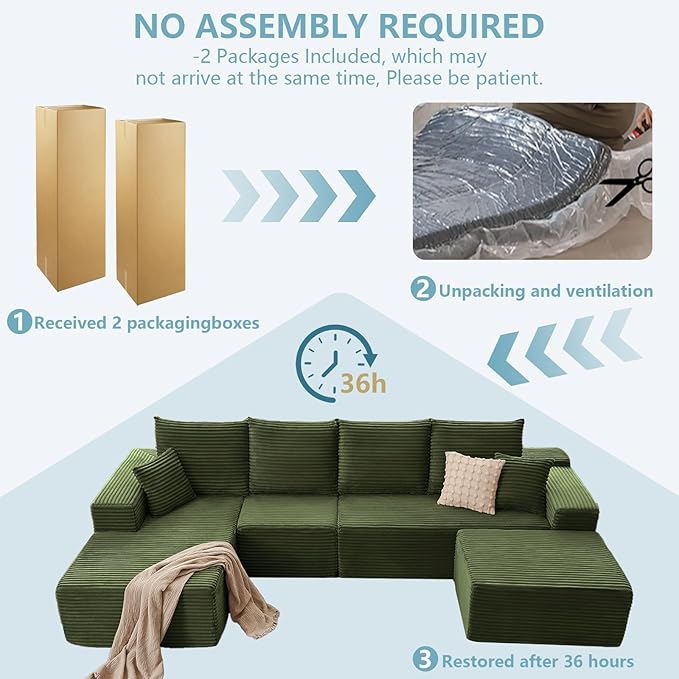 135.4" W Cloud Sectional Couch with Ottoman,Modern U-Shaped Cloud Couch with Deep Seat,Comfy Corduroy 4-Seater Sofa,Memory Foam Sofa for Living Room,No Assembly (Green,Right-Facing Chaise)