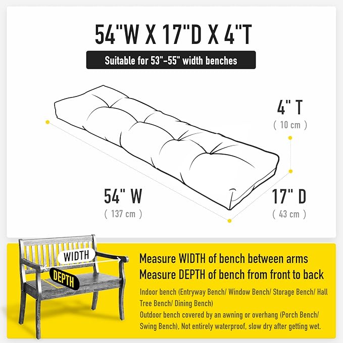 SUNROX LokGrip Non Slip Tufted Memory Foam Bench Cushion, FadeShield Water Resistant Durable Thicken Outdoor/Indoor Bench Seat Pads 54x16x4 inch, Cream