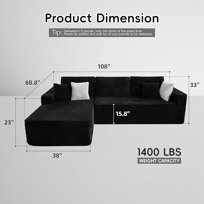 Opiesit 108" Boneless Couches for Living Room, Modular Sectional Sofa with Oversized Chaise, L-Shape Cloud Couch with Deep Seat, High-Density Memory Foam, No Assembly Required, Plush Corduroy Black