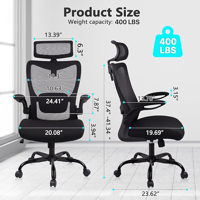 CLATINA Heavy Duty Ergonomic Mesh Office Chair 400LBS, Big and Tall Desk Chair with Adjustable Lumbar Support & Headrest, Flip Up Padded Arms, High Back Computer Chair for Home Office, Black, 8 Pack