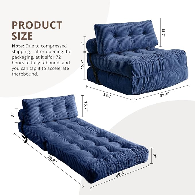 Convertible Sofa Bed & Couch Bed - Oversized Adult Sleeper Chair & Bean Bag Chair, Foldable Floor Bed with Backrest, Comfortable Lazy Sofa for Bedroom, Living Room & Dorm