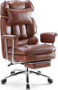 Sweetcrispy Executive Home Office Desk Chair - Ergonomic Big Tall High Back with Footrest & Lumbar Support, Reclining Height Adjustable, Comfy PU Leather Computer Gaming with Swivel Wheels, Brown