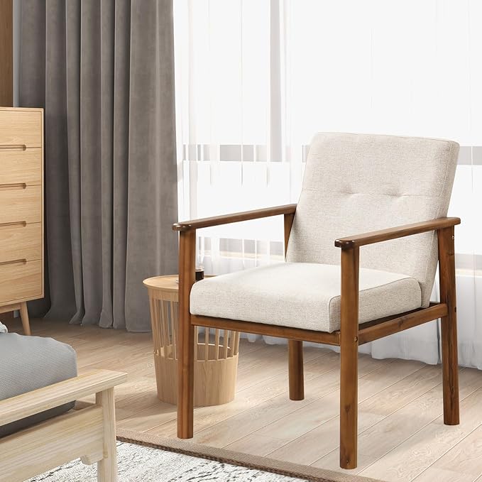 GOFLAME Accent Chair, Mid-Century Modern Armchair with Solid Wood Legs, Soft Cushioned Seat, Upholstered Linen Fabric Leisure Chair for Living Room, Bedroom, Guest Room, Office, Beige