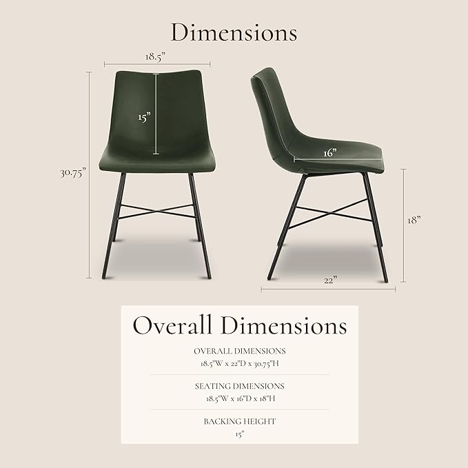POLY & BARK Paxton Leather Dining Chairs – Set of 2 Modern Dining Room Chairs with Low Back – Faux Leather Upholstery and Matte Black Steel Base – Comfortable Seating for Stylish Interiors – Ivy Green