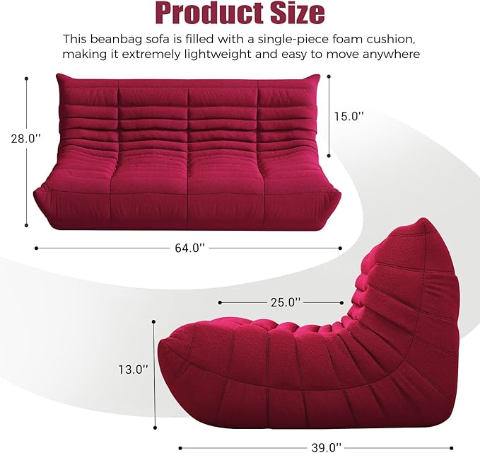 Selyteramy 3 Seat Oversized Bean Bag Chairs for Adults, Memory Foam Fireside Beanbag Couch, Comfy Bean Bag Lounger Lazy Sofa for Living Room, Bedroom, Playroom, Red