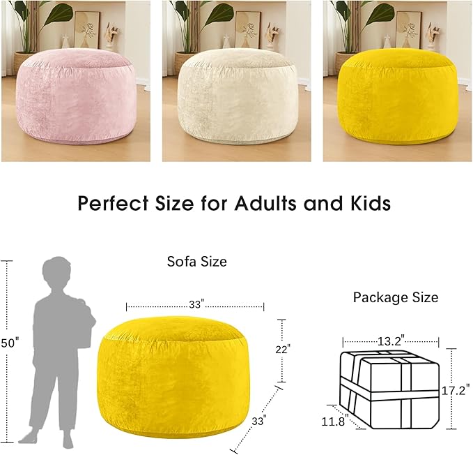 Bean Bag Chairs for Adults - Memory Foam Furniture BeanBag Chair - Kids/Teens Sofa with Soft Micro Fiber Cover - Round Fluffy Couch for Living Room Bedroom College Dorm - 3 ft, Yellow