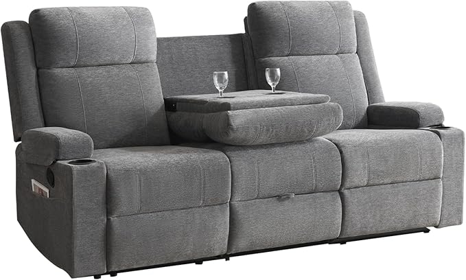 PALLOME 2 Piece Living Room Sofá Set, Modern Chenille Reclining Sofa Set with Convertible Center Console & Storage Ottoman, Space-Saving Couch for Home/Bedroom/Apartment (Grey)