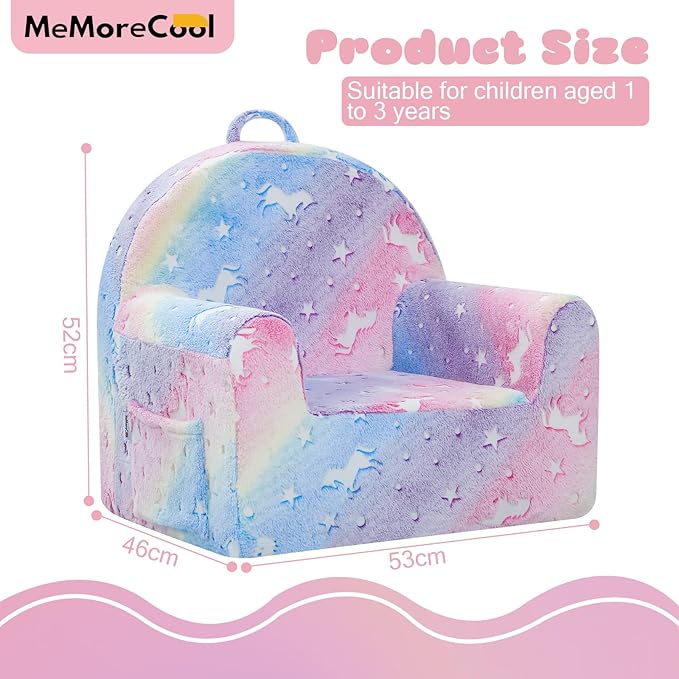 MeMoreCool Comfy Toddler Chair for 1-3 Years Old, Glow Unicorn Kids Reading Chair, Soft Plush Toddler Armchair, Cozy Foam Lounge Kids Armchair for Baby Room, Living Room, Playroom, Reading Nook