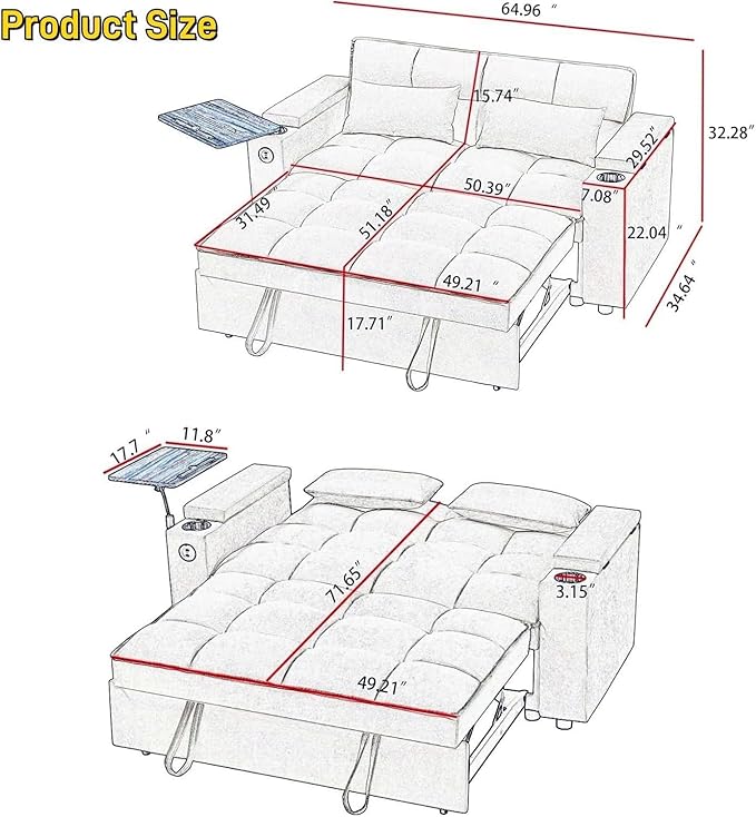 oaaktu Large Size Convertible Sleeper Sofa Bed,Polka dot Velvet Pull Out Futon Couch with Storage handrails & Rotating Side Tables,Convertible Sofa Couch for Living Room,RV (Khaki)