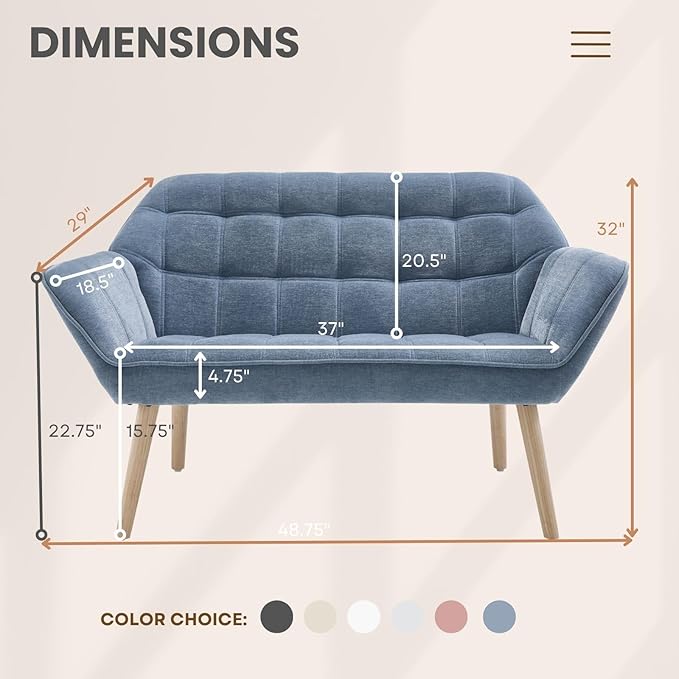 48" Small Couches for Living Room for Small Space, Mid Century Modern Loveseat with Wood Legs 2-Seat Chenille Upholstered Sofa Tufted Couches, Blue