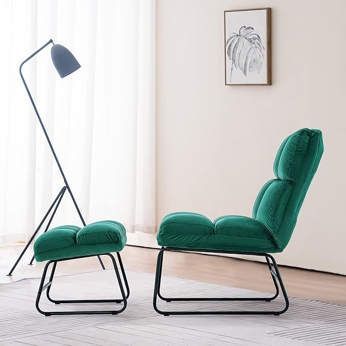 MCombo Velvet Accent Chair with Ottoman Set, Modern Armless Chair for Living Room, Bedroom, Small Space 0014 (Velvet, Dark Green)