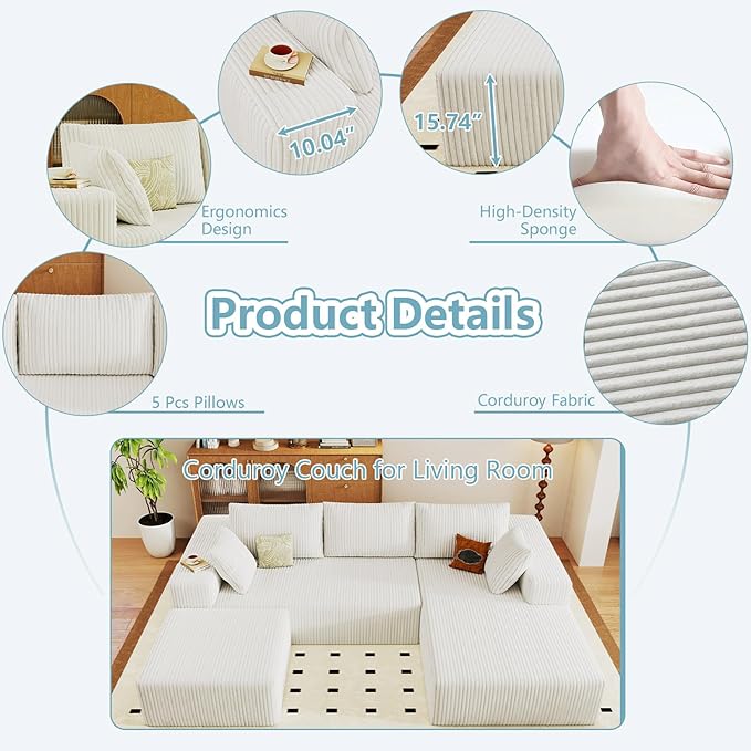 96" W Cloud Sectional Couch with Ottoman,Modern U-Shaped Cloud Couch with Deep Seat,Comfy Corduroy 3-Seater Sofa,Memory Foam Sofa for Living Room,No Assembly (White,Right-Facing Chaise)