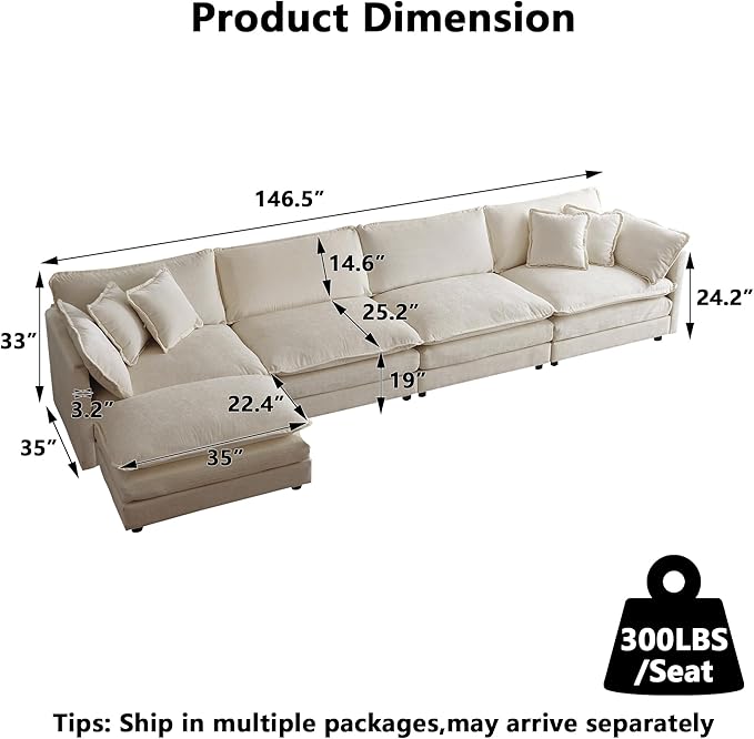 Aoowow Modular Sectional Sofa Modern Convertible L Shaped Couch,147.2 Inch Deep 4-Seater Sofas Set Comfy Chenille Cloud Sofas and Couches with Movable Ottoman for Living Room Apartment（Light Coffee）