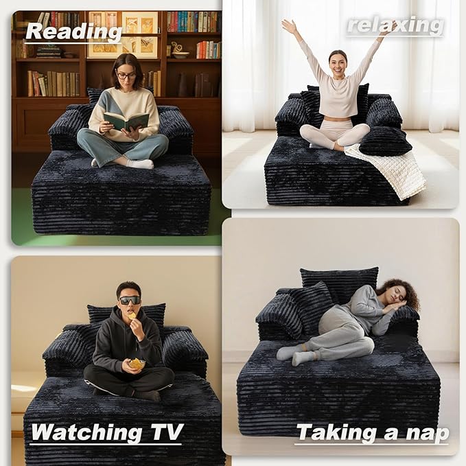 Oversized Chaise Lounge Chair Indoor, Upholstered Single 61'' Rolled Arm Boneless Cloud Sofa Bed Sleeper Couch, No Assembly Faux Rabbit Fur Memory Foam Reading Chair for Living Room Bedroom Black