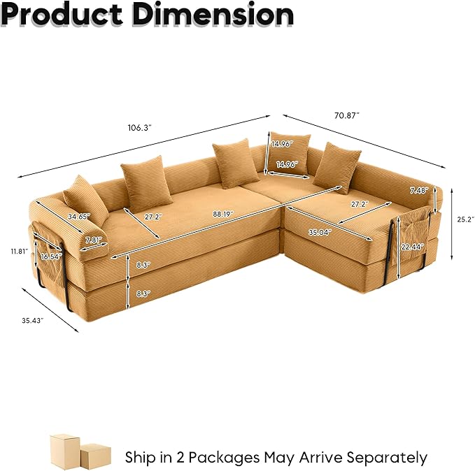 L Shape Convertible Sofa Bed with Cylindrical Pillow and Storage Pocket, Convertible Sofa Couch Bed with Support Frame for Living Room Bedroom Children Room-Yellow