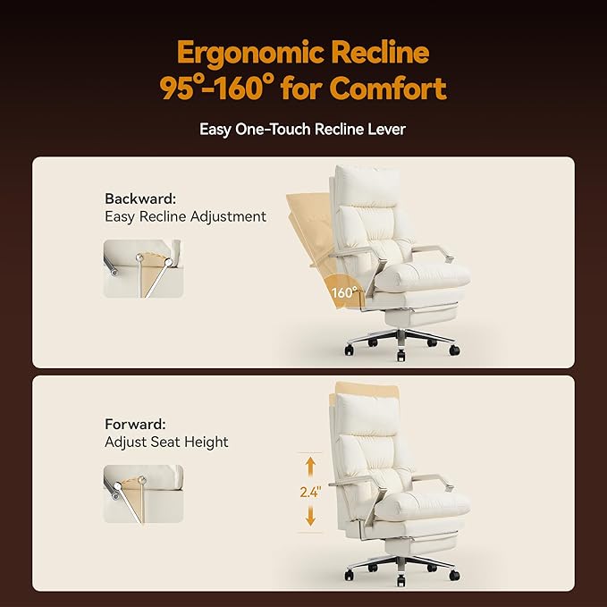 M76 Recline Office Chair with Footrest, 160° Infinite Reclining 10" Thick Executive Desk Chair, 420lb Heavy Duty Big and Tall, Adjustable Seat Depth, Cream