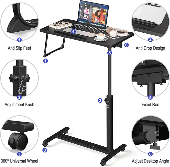 Adjustable Overbed Bedside Table, Hospital Bed Table with Wheels, Portable Rolling Desk, Mobile Small Standing Desk, Rolling Laptop Stand, Computer Cart