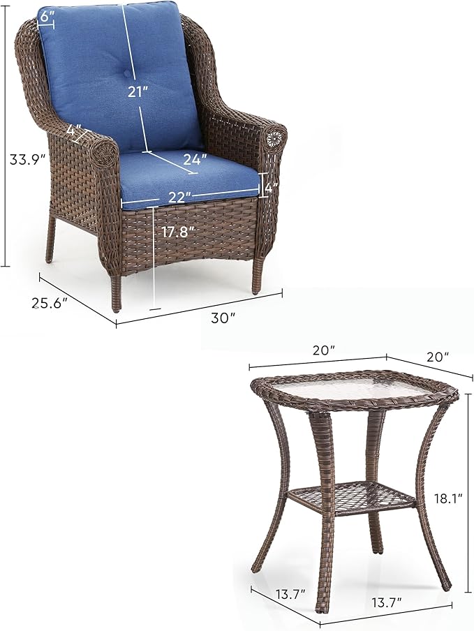 ACTREST 3 Piece Patio Brown Wicker Chairs with Side Table - Outdoor High Back Heavy Duty All-Weather Lawn Dining Rattan Chair Conversation Bistro Set for Deck Porch Balcony Backyard Garden - Navy Blue