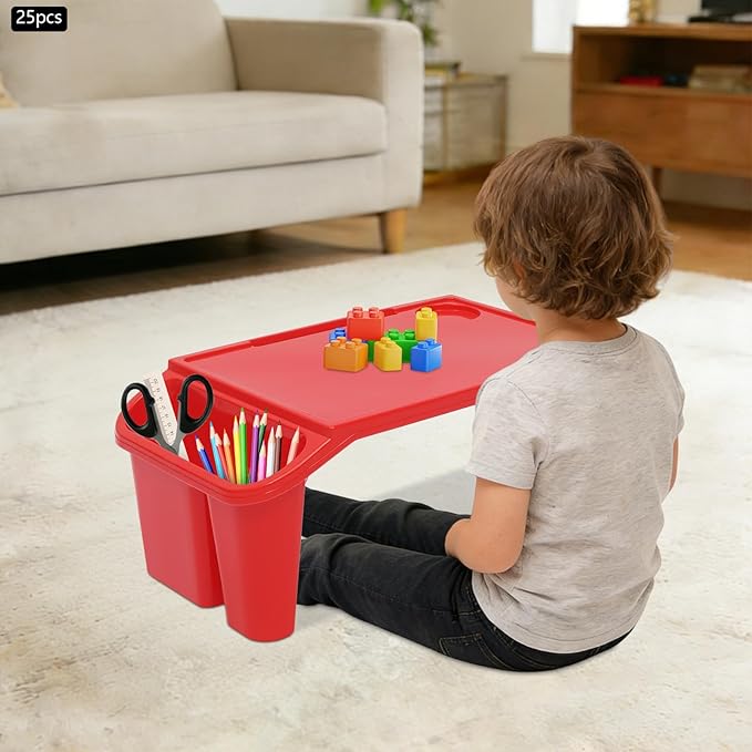 Kids Lap Desk Tray, 25-Pack Stackable Activity Trays with Cup Holder & Phone Slot for Kids, Sturdy PP Table for Reading, Eating, Preschool & Daycare (25-Pack, Color B)
