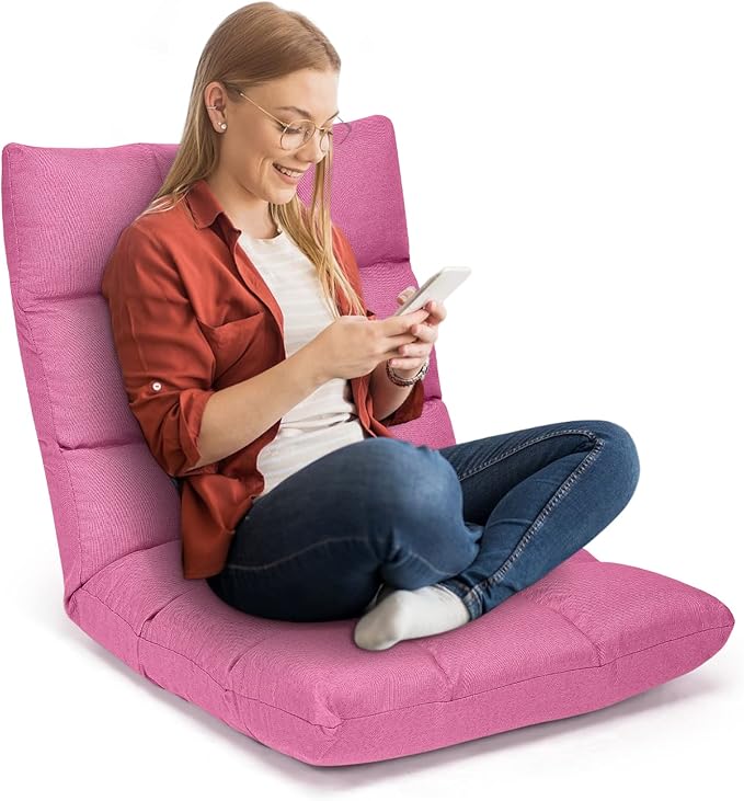 COSTWAY Floor Chair, Folding Gaming Chair with Back Support, 14 Adjustable Positions, Alloy Steel Frame, Lazy Sofa Lounge for Playing Reading Meditating Room Recliner for Adults, Kids (Pink)