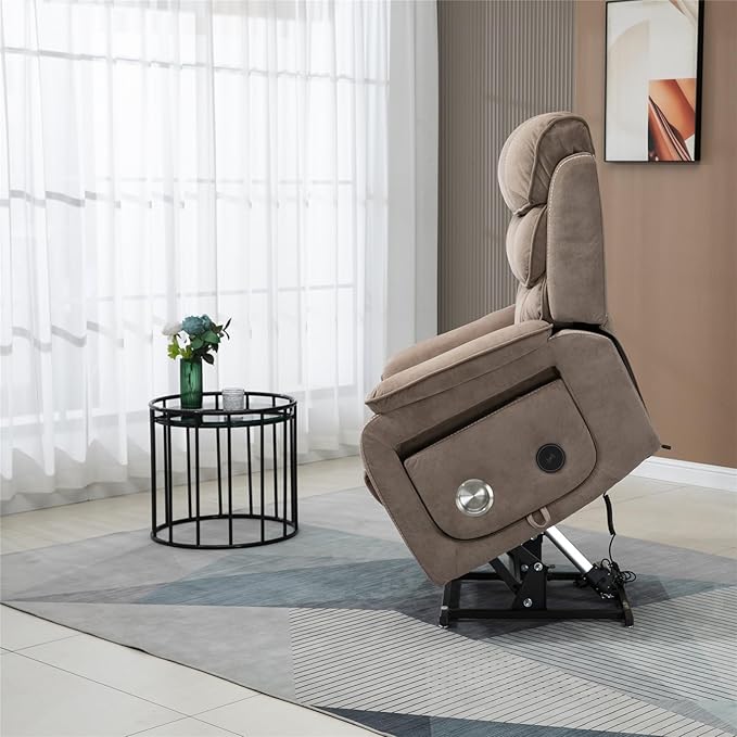 Large Lift Chairs Recliners for Elderly with Heated and Massage, Infinite Position Dual Motor Power Lay Flat Recliner with Cup Holder (Light Brown)