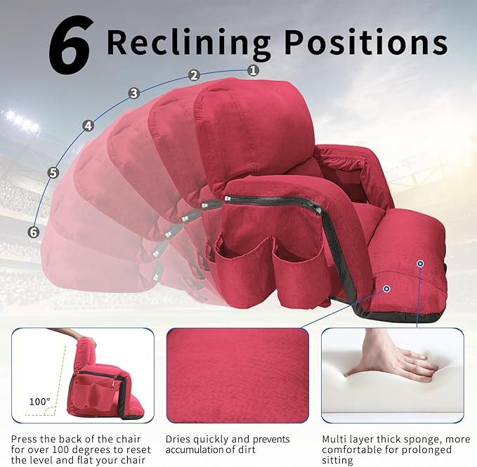 Stadium Seats with Back Support,Wide Stadium Chairs with Back and Cushion, Sofa Style Stadium Seats, 6 Reclining Positions, Extra Thick Bleacher Seat for Sports Events (Red-1 Pack, Wide|25")