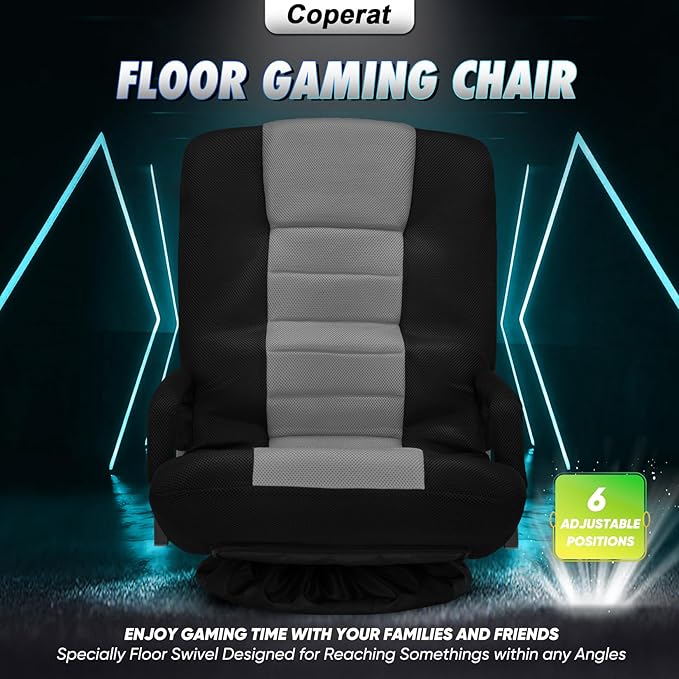 Swivel Gaming Chair 360 Degree Multipurpose Floor Chair w/Armrest & 6 Adjustable Postions Backrest for Adults & Kids, for Reading, Gaming, Watching, Relaxing, Grey
