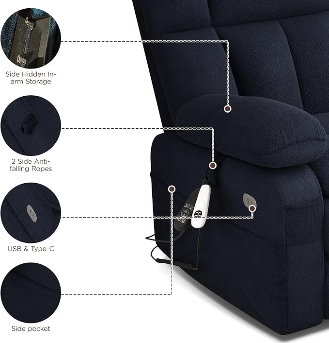 Dual Motor Power Lift Recliner Chair for Elderly with Adjustable Headrest,Extra Wide Recliner Chair with Massage,Lay Flat Recliner with Extended Footrest,Cup holder,Storebox,USB&Type-C Ports,Navy Blue