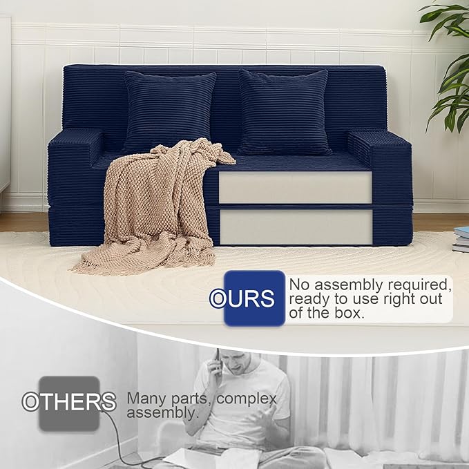 MeMoreCool Folding Sofa Bed Queen Corduroy Convertible Sleeper Chair – 2‑in‑1 Floor Sofa to Queen‑Size Bed | High‑Density Foam with Pillows | Removable Machine‑Washable Covers