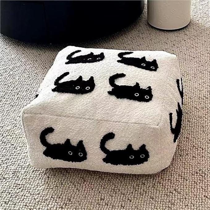 Cute Pouf Ottoman, Square Floor Cushion, Comfortable Meditation Pillow, Plush Cat Seat Cushion, Fashionable Footrest for Couch, Living Room and Bedroom