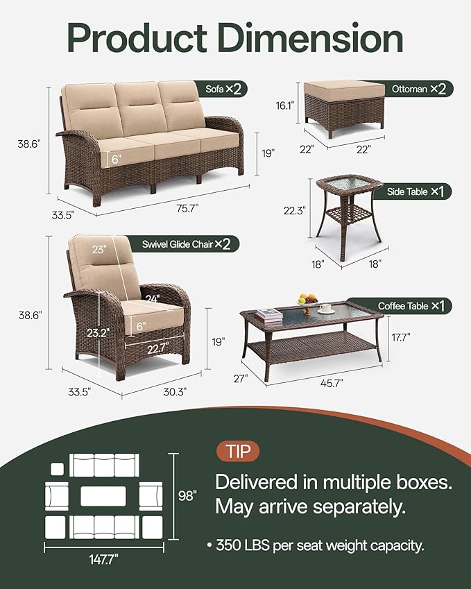8-Piece Patio Furniture Set with 6-Inch Thick Cushions, High Back Outdoor Couch and Arm Chairs, All-Weather Conversation Set for Porch, Deck, Yard, Pool in Beige