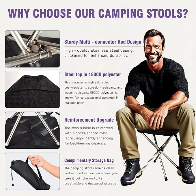JVZI® Ultra-Light Backpacking Camping Stool - 275lbs Capacity, 1-Second Setup | Waterproof, Dual-Height Design for Camping, Bonfire,Fishing & Queues (1)