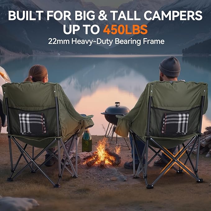 2 Pack Camping Chairs Oversized Padded Camping Chair Heavy-Duty Foldable Camping Chairs with Cup Holder and Cooler Bag Portable Lawn Chair for Sports Outdoors-Support 450LBS,Green