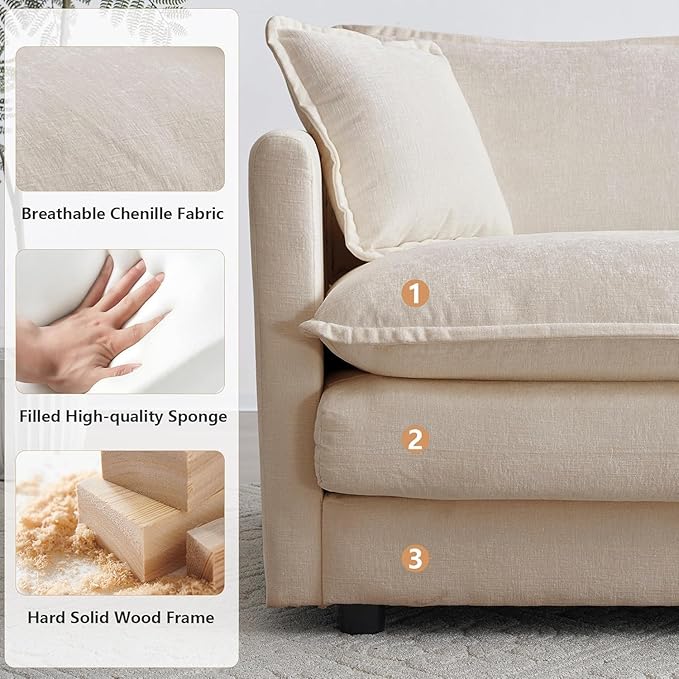 Aoowow Modular Sectional Sofa Modern Convertible U Shaped Couch,112.2 Inch Deep 3-Seater Sofas Set Comfy Chenille Cloud Sofas and Couches with Movable Ottoman for Living Room Apartment（Light Coffee）