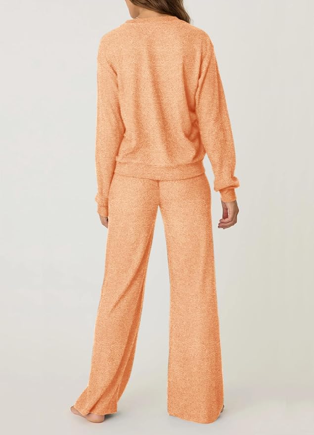 Aamikast Women's 2-Piece Lounge Set Soft Brushed Jersey Sleepwear Pajamas Set Long Sleeve Top & Wide Leg Pants