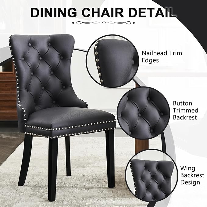 Kiztir Leather Dining Chairs Set of 2, Upholstered Dining Chair with Nailhead Trim and Solid Wood Legs, Luxury Wingback Dining Side Chair for Living Room, Bedroom, Kitchen (Black)