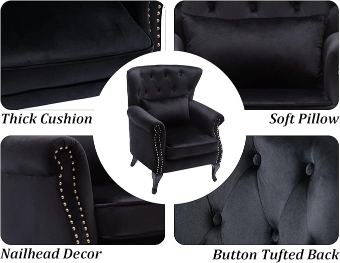 DM Furniture Mid Century Accent Chair Modern Button Tufted Armchair Club Chair Velvet Wingback Single Sofa Lounge Chair with Pillow for Living Room Bedroom, Black