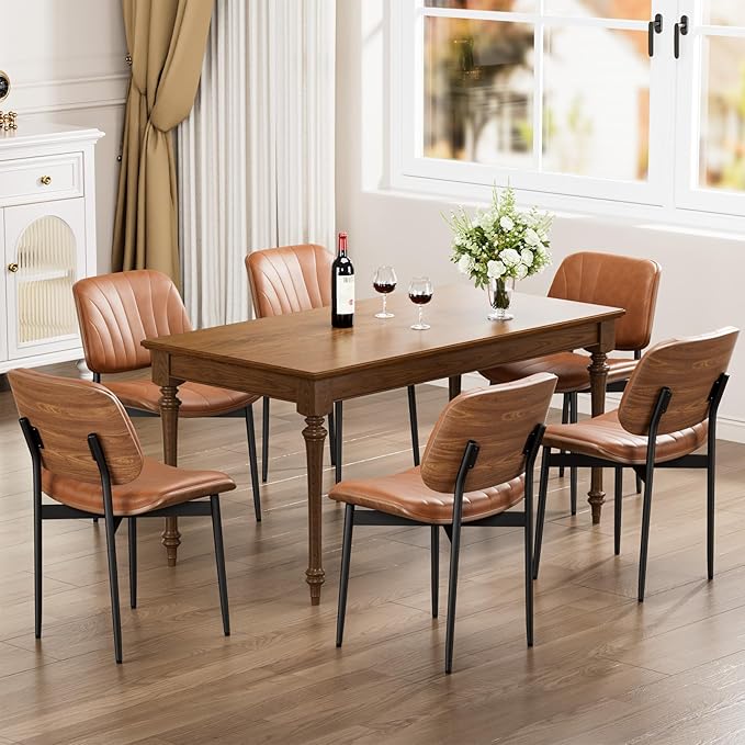 YaFiti Dining Chairs Set of 6, Dining Room and Kitchen Chairs, Mid Century Modern Accent Chair, Upholstered PU Leather Chairs for Vanity with Walnut Bentwood and Metal Legs, Light Tan