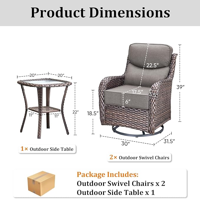 Pugire Luxury Outdoor Swivel Rocker Patio Chairs Set of 3, High Back Swivel Patio Chairs with Side Table & 6-Inch Thick Cushions, Wicker Outdoor Bistro Set for Porch, Yard, Deck, Poolside, Brown/Grey