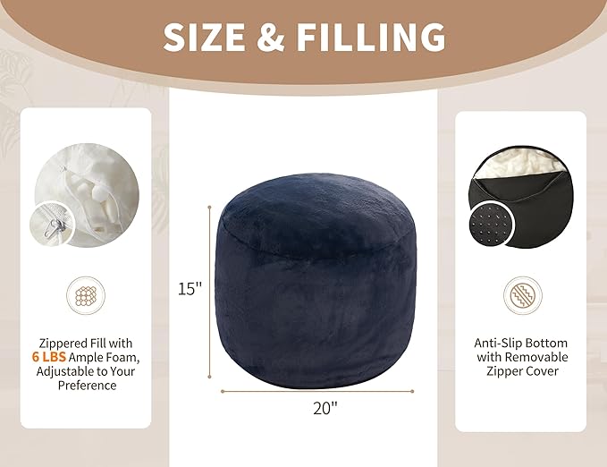 WSOFRLAC Boho Ottoman Living Room Furniture 20"x15" Round Ottomans Pouf Couch Foot Rest Navy Pouf Ottoman Foot Rest with Foam Chunk Filling Pouffe Ottomans Stuffed Foot Rests Poufs for Couch