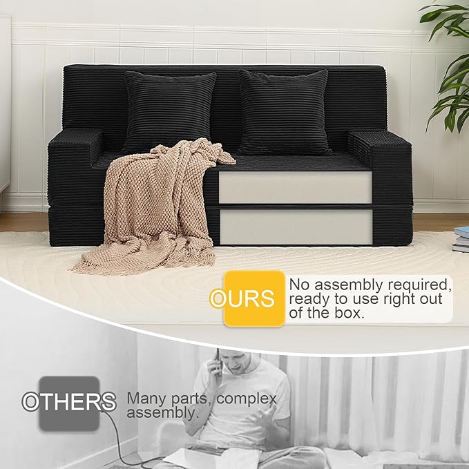MeMoreCool Corduroy Folding Sofa Bed Queen – Convertible 2‑in‑1 Futon Couch | Foldable Foam Sleeper with Detachable Pillow, Machine‑Washable Cover & Space‑Saving Design for Living Room or Guest Room