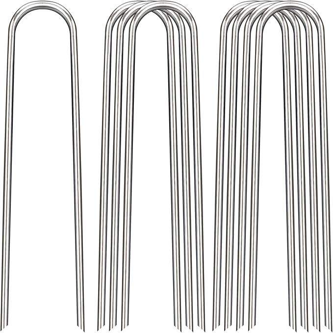 FAAYUCK 12 Inch Landscape Staples, 100 Pack Galvanized Landscape Stakes Heavy Duty 8 Gauge U-Shaped Garden Stakes, Ground Stakes for Weed Barrier Fabric, Irrigation Tubing, Fence, Outdoor Decorations