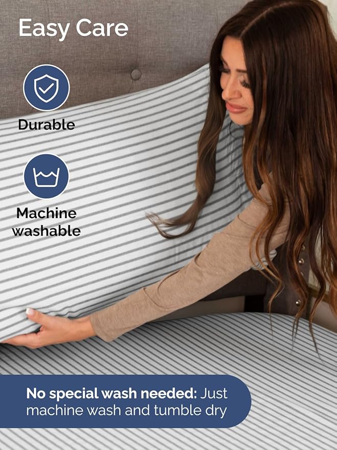 Extra Deep Pocket Full Sheets - 4 Piece Breathable & Cooling Bed Sheets - Hotel Luxury Bed Sheet Set - Soft, Wrinkle Free & Comfy - Easily Fits Extra Deep Mattresses - Deep Pocket Grey Striped Sheets