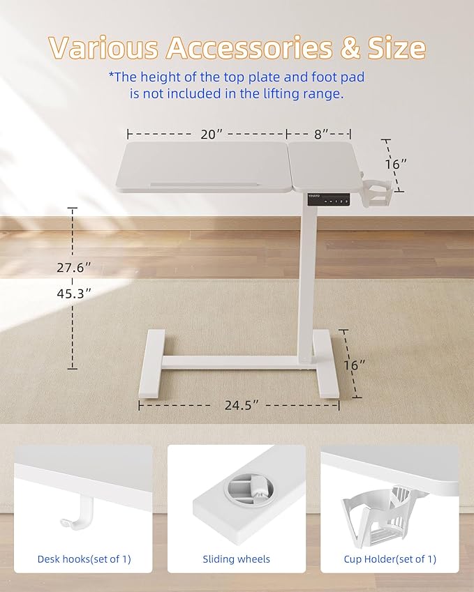 YIHAYO Adjustable Overbed Bedside Table with Wheels, 28 x 16 Inches Electric Mobile Standing Desk, Laptop Desk, Movable Overbed Tables Hospital Home Use, White