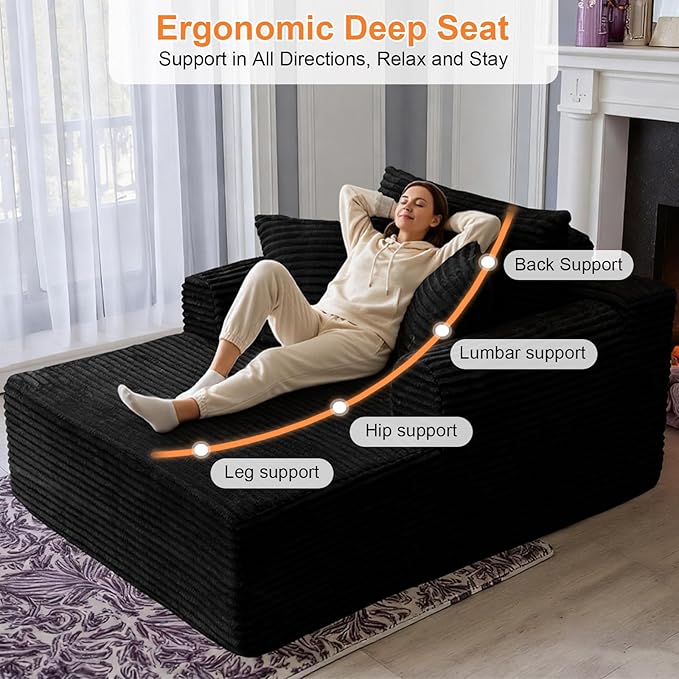 Oversized Chaise Lounge Chair Indoor, Upholstered Single 61'' Round Arm Boneless Cloud Sofa Bed Sleeper Couch, No Assembly Faux Rabbit Fur Memory Foam Reading Chair for Living Room Bedroom Black